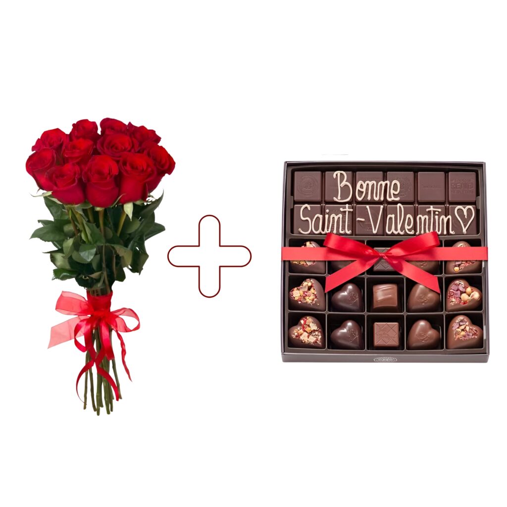 coffret cadeau de fin d'année alliant une boite de chocolats Pâquier et une composition de fleurs séchées signée ereka fleuriste)