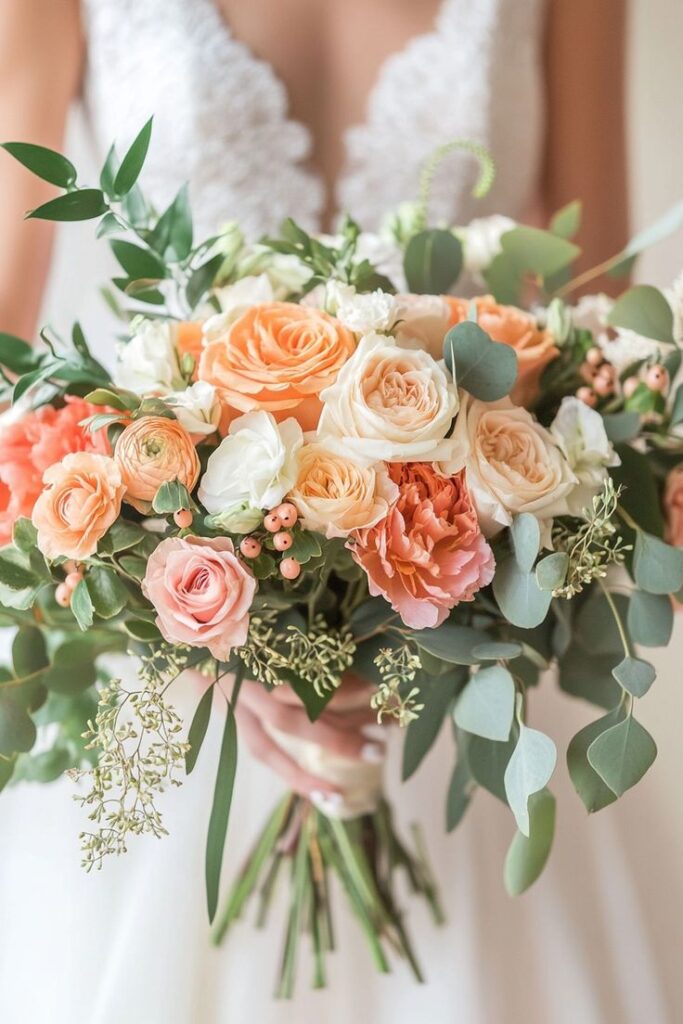 ouquet de mariée romantique aux tons pêche, crème et vert sauge, illustrant les tendances mariage 2026 pour une célébration élégante à Marrakech.