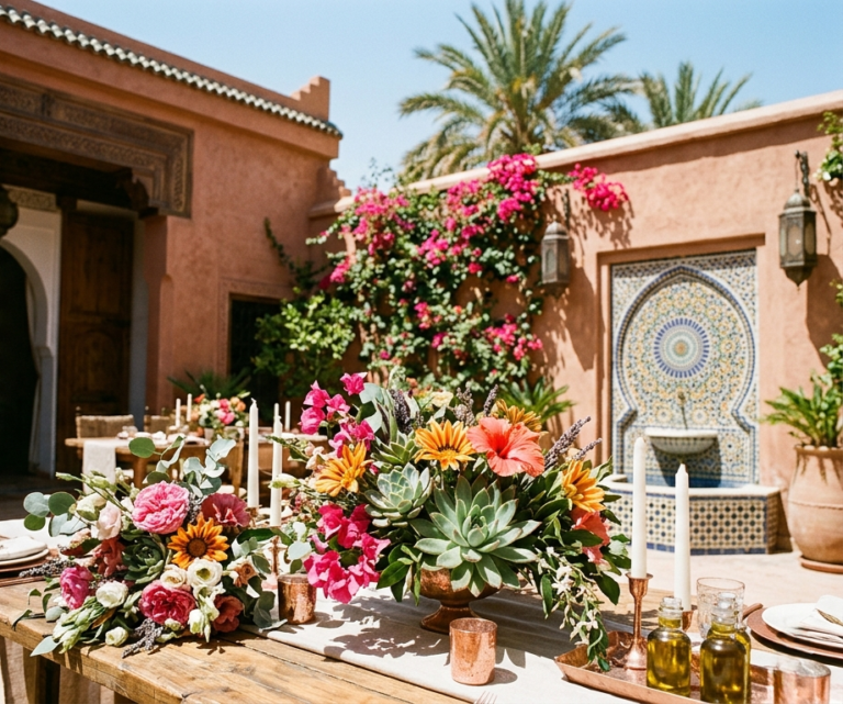 Scénographie florale par Ereka Fleuriste mettant en scène des compositions de fleurs résistantes Marrakech, capables de tenir sous la chaleur de 35°C sans flétrir : bouquet de mariée, centre de table avec succulentes et bougainvilliers.
