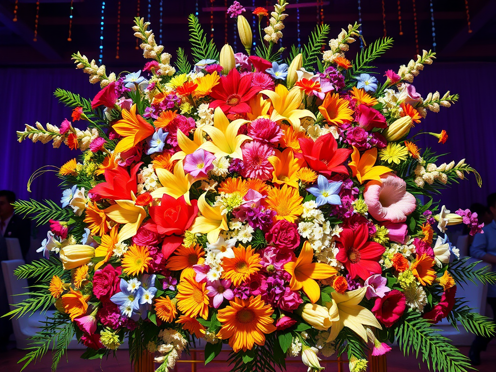Décoration florale éclatante illustrant les tendances mariage 2026 avec un arrangement maximaliste composé de gerberas orange, de lys jaunes et de fleurs fuchsia par Ereka Fleuriste.